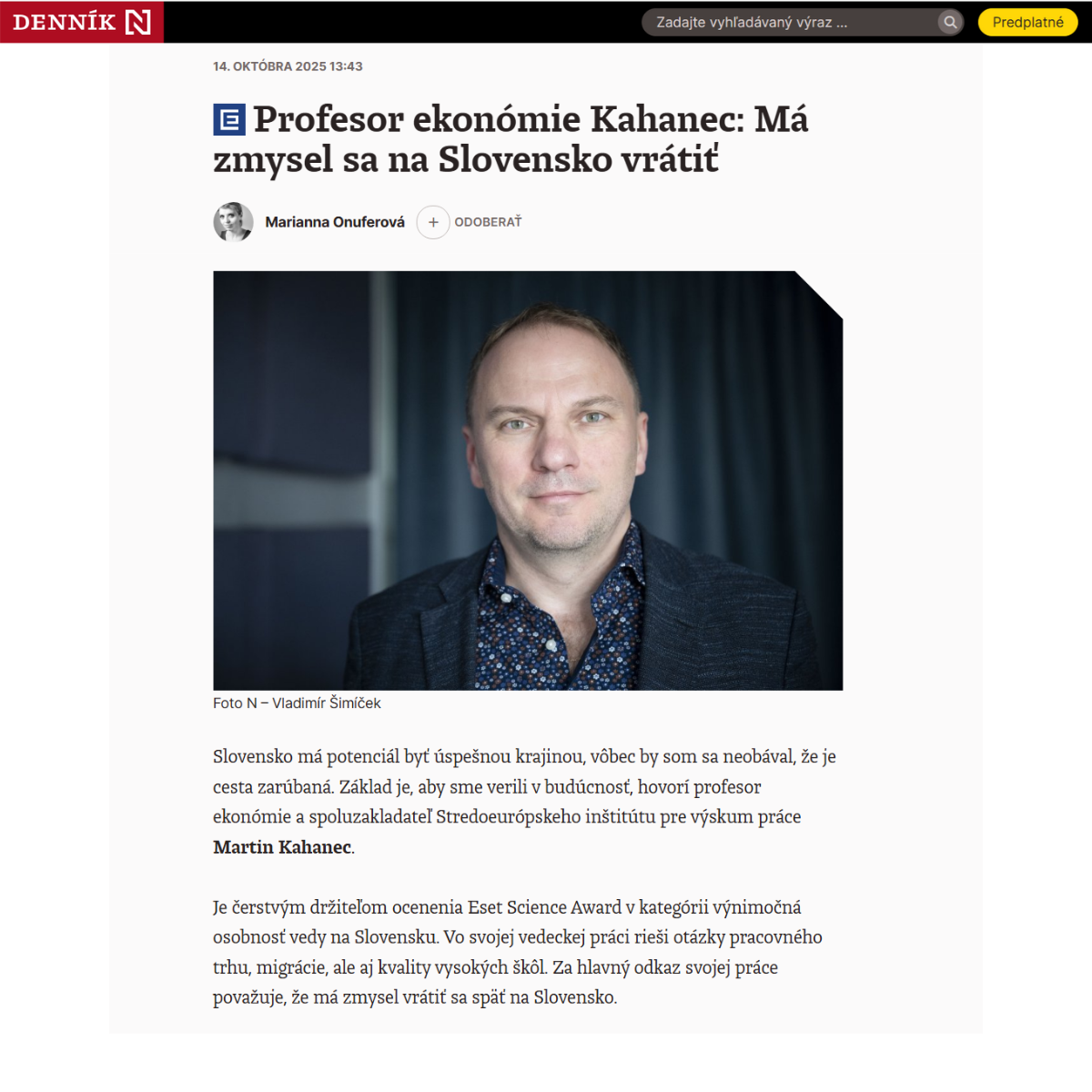 Denník N, rozhovor: Martin Kahanec o situácii Slovenska, vysokých školách a návrate talentov