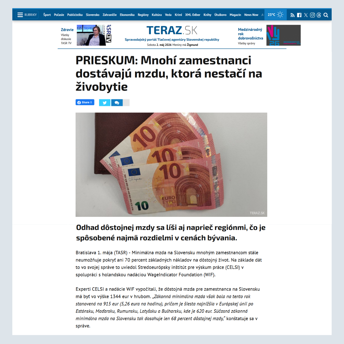 CELSI zverejnilo aktuálny výpočet dôstojnej mzdy na Slovensku