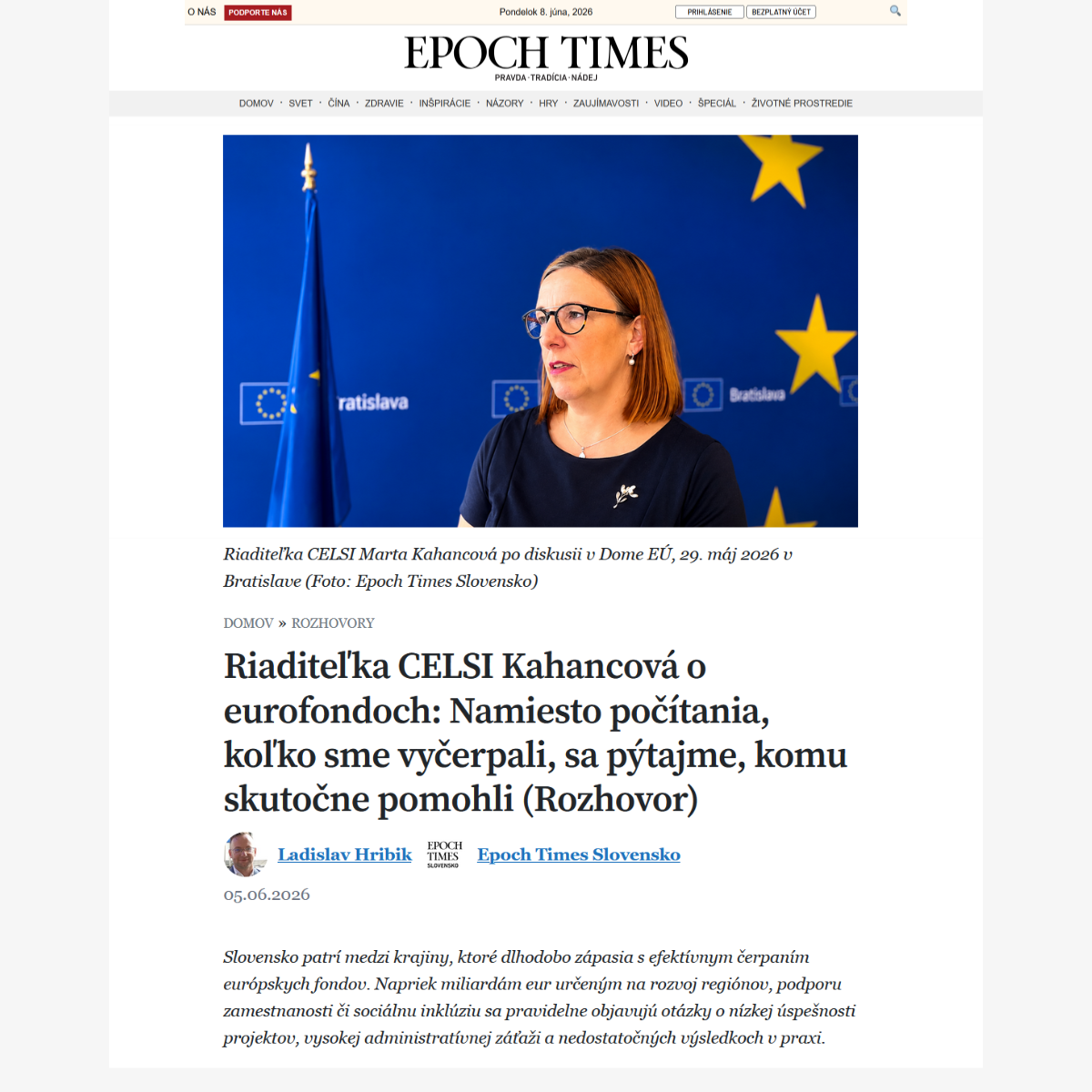 Kahancová pre Epoch Times Slovensko o eurofondoch: namiesto počítania, koľko sme vyčerpali, sa pýtajme, komu skutočne pomohli
