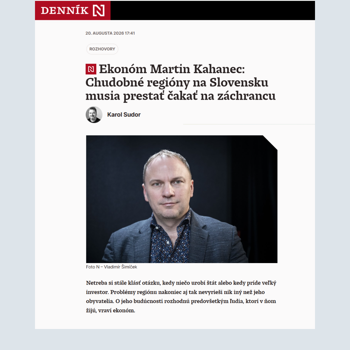 Chudobné regióny musia prestať čakať na záchrancu: Martin Kahanec v rozhovore pre Denník N