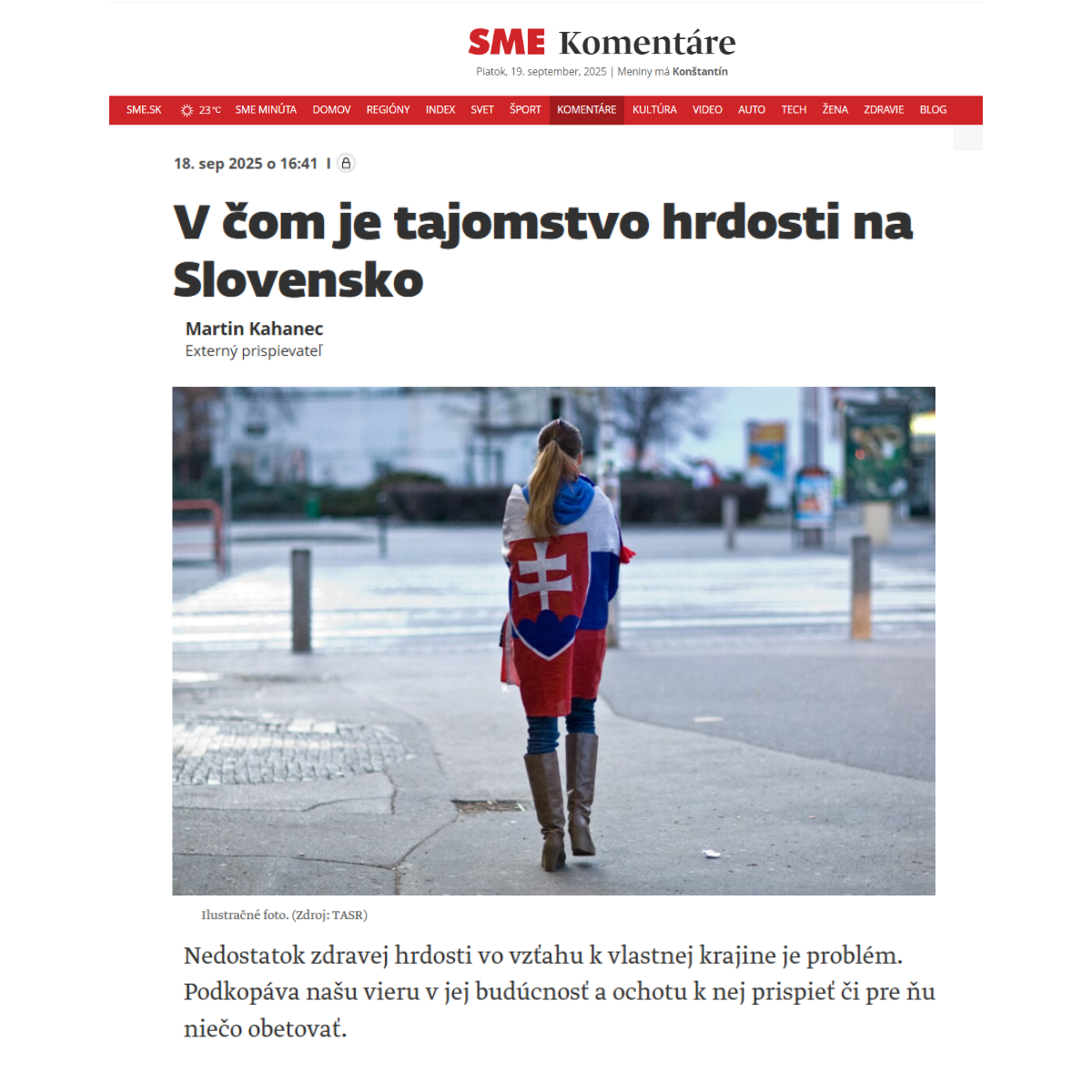 Martin Kahanec v denníku SME: Komentár o tom, čo znamená hrdosť na Slovensko