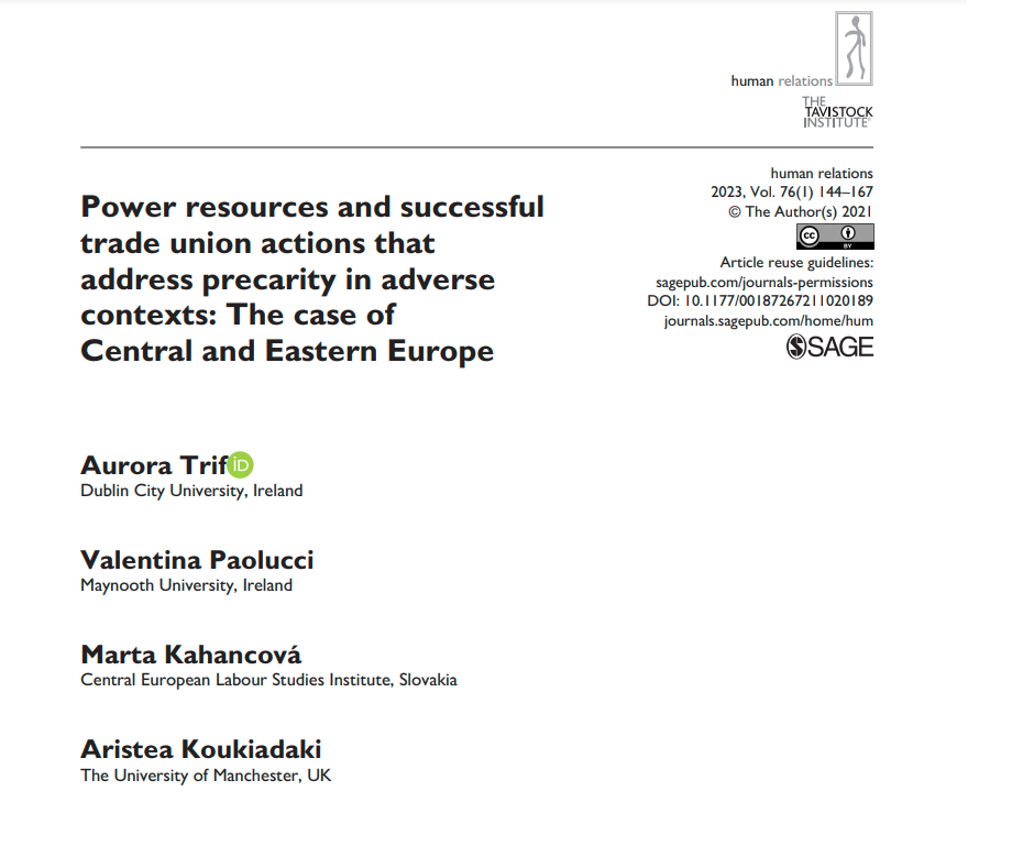 Marta Kahancová co-authored an article "Power resources and successful trade union actions that address precarity in adverse contexts: The case of CEE" in Human Relations, Vol 76, Issue 1