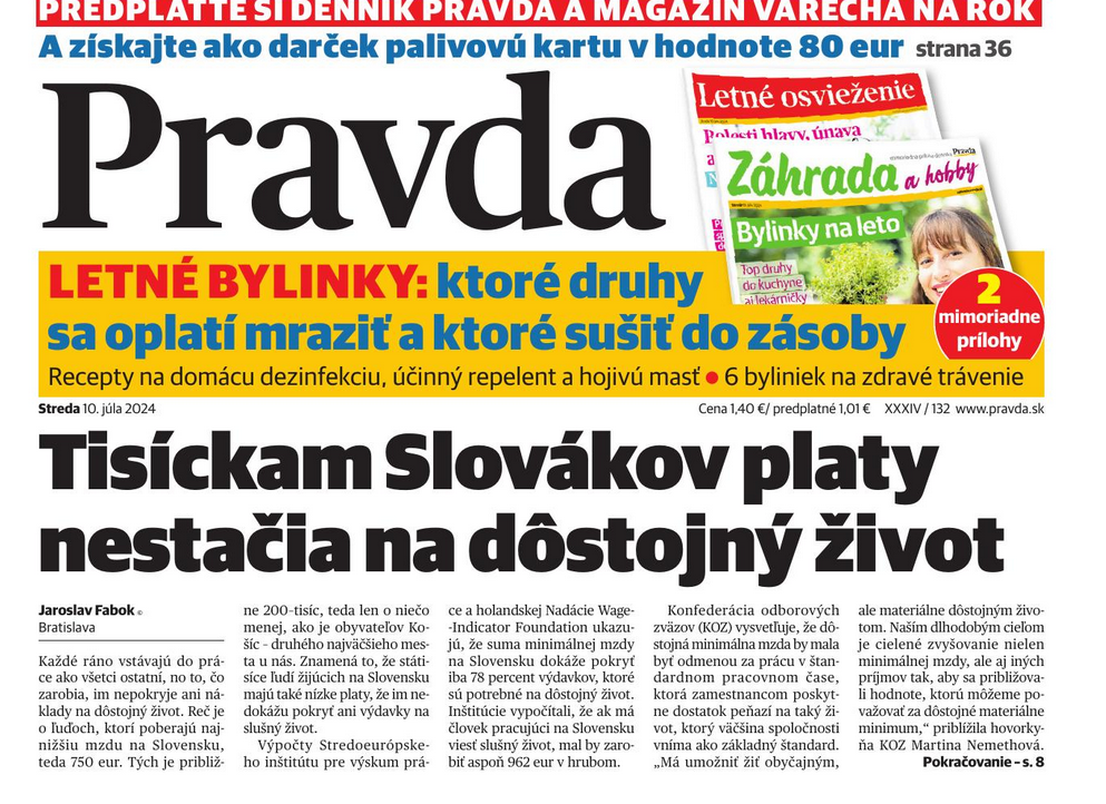 Denník Pravda: Vypočítali, koľko peňazí treba na dôstojný život. Mnoho ľudí toľko vôbec nezarába